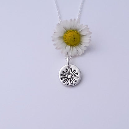 Sterling Silver Tiny 1cm Stamped Daisy Flower April Birth Flower Pendant Necklace