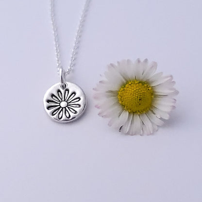 Sterling Silver Tiny 1cm Stamped Daisy Flower April Birth Flower Pendant Necklace