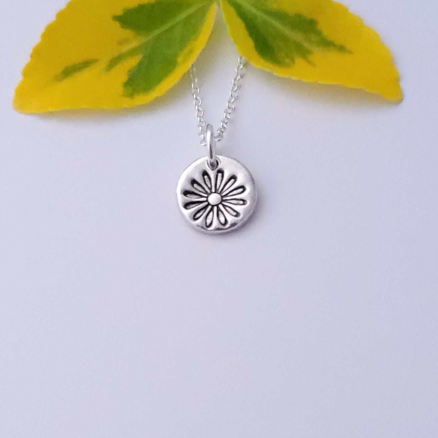 Sterling Silver Tiny 1cm Stamped Daisy Flower April Birth Flower Pendant Necklace