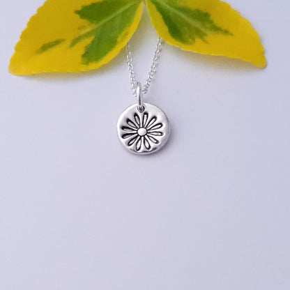 Sterling Silver Tiny 1cm Stamped Daisy Flower April Birth Flower Pendant Necklace