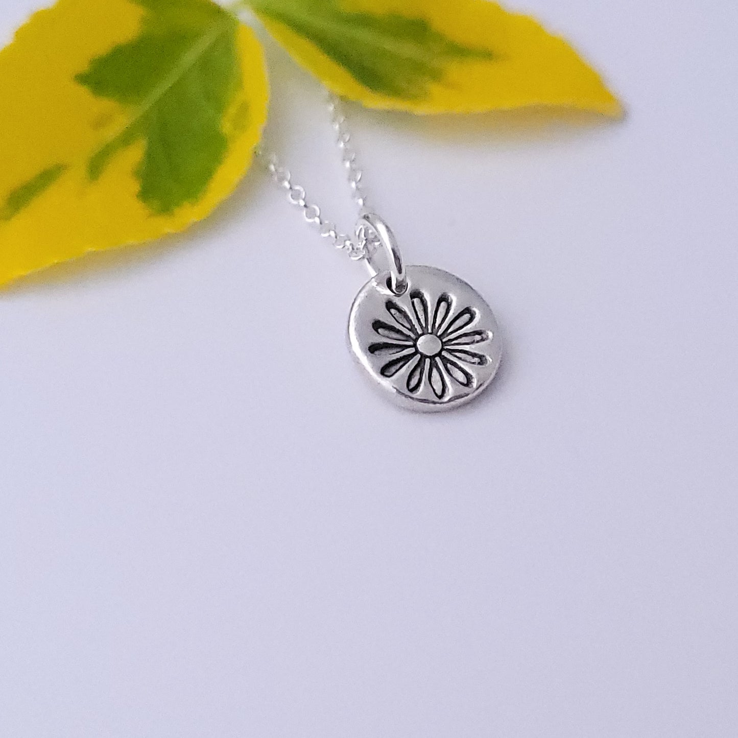 Sterling Silver Tiny 1cm Stamped Daisy Flower April Birth Flower Pendant Necklace