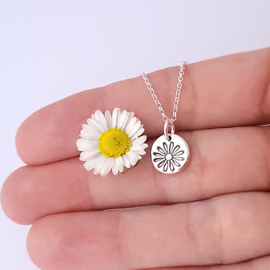 Sterling Silver Tiny 1cm Stamped Daisy Flower April Birth Flower Pendant Necklace