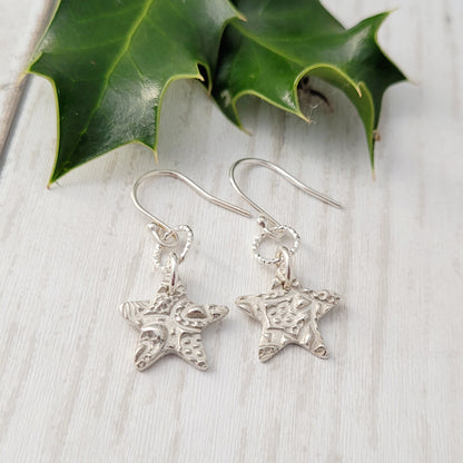 Sterling-silver-textured-star-drop-earrings-2