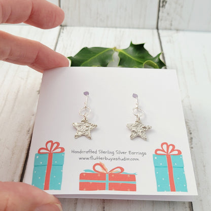 Sterling Silver Textured Star Drop Earrings