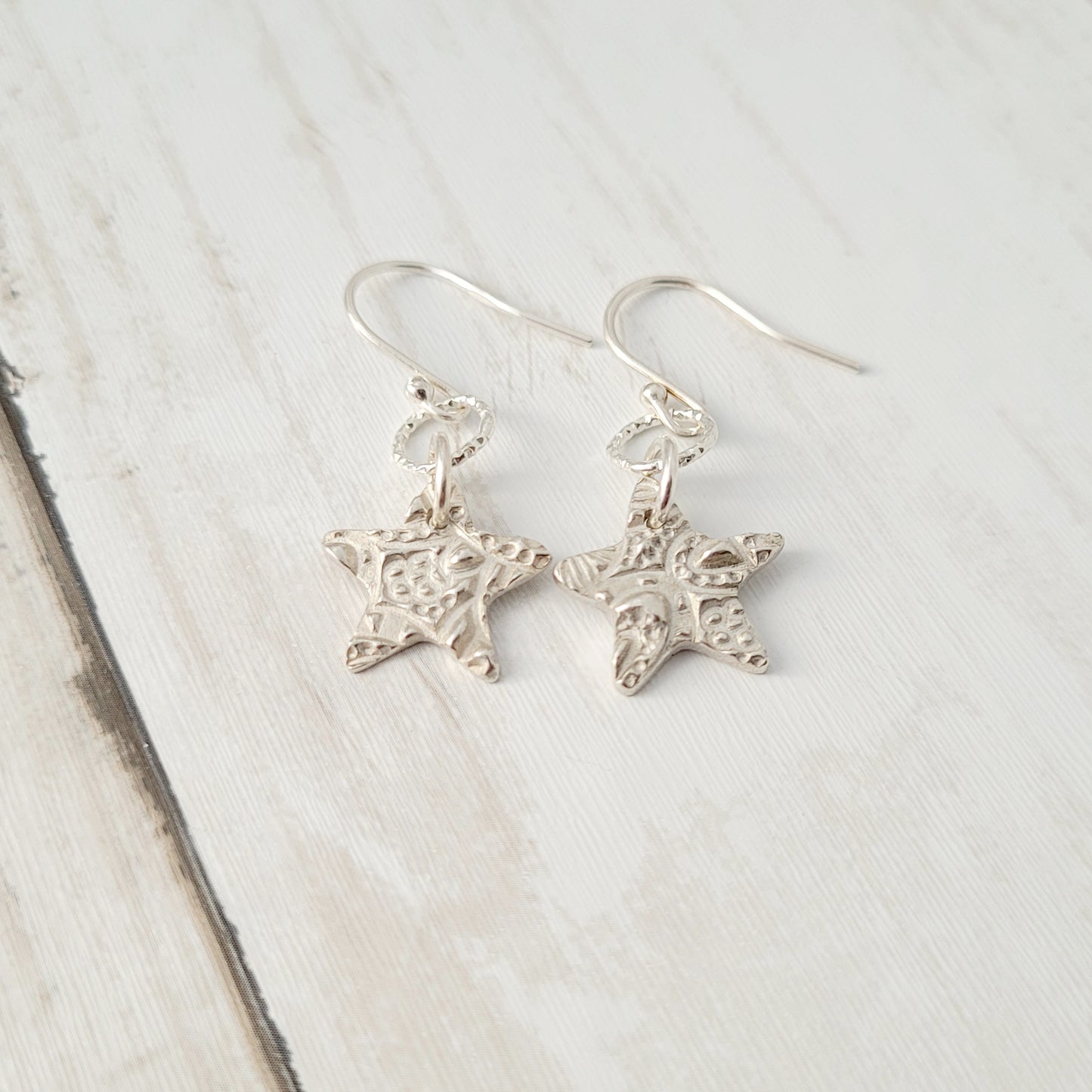 Sterling Silver Textured Star Drop Earrings