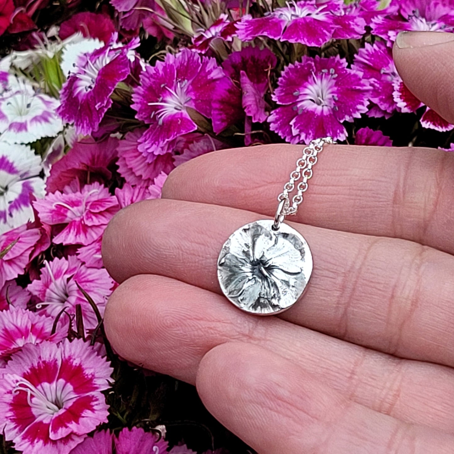 Sterling Silver Sweet William Flower Botanical Pendant Necklace