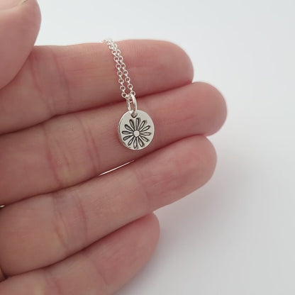 Sterling Silver Tiny 1cm Stamped Daisy Flower April Birth Flower Pendant Necklace