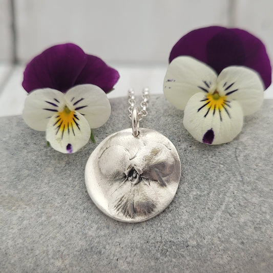 Sterling Silver Viola Pansy Flower Botanical Pendant Necklace