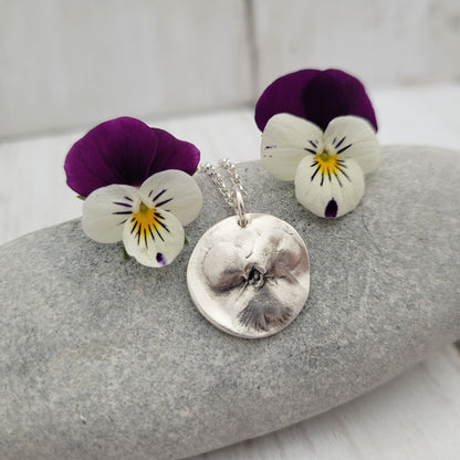 Sterling Silver Viola Pansy Flower Botanical Pendant Necklace