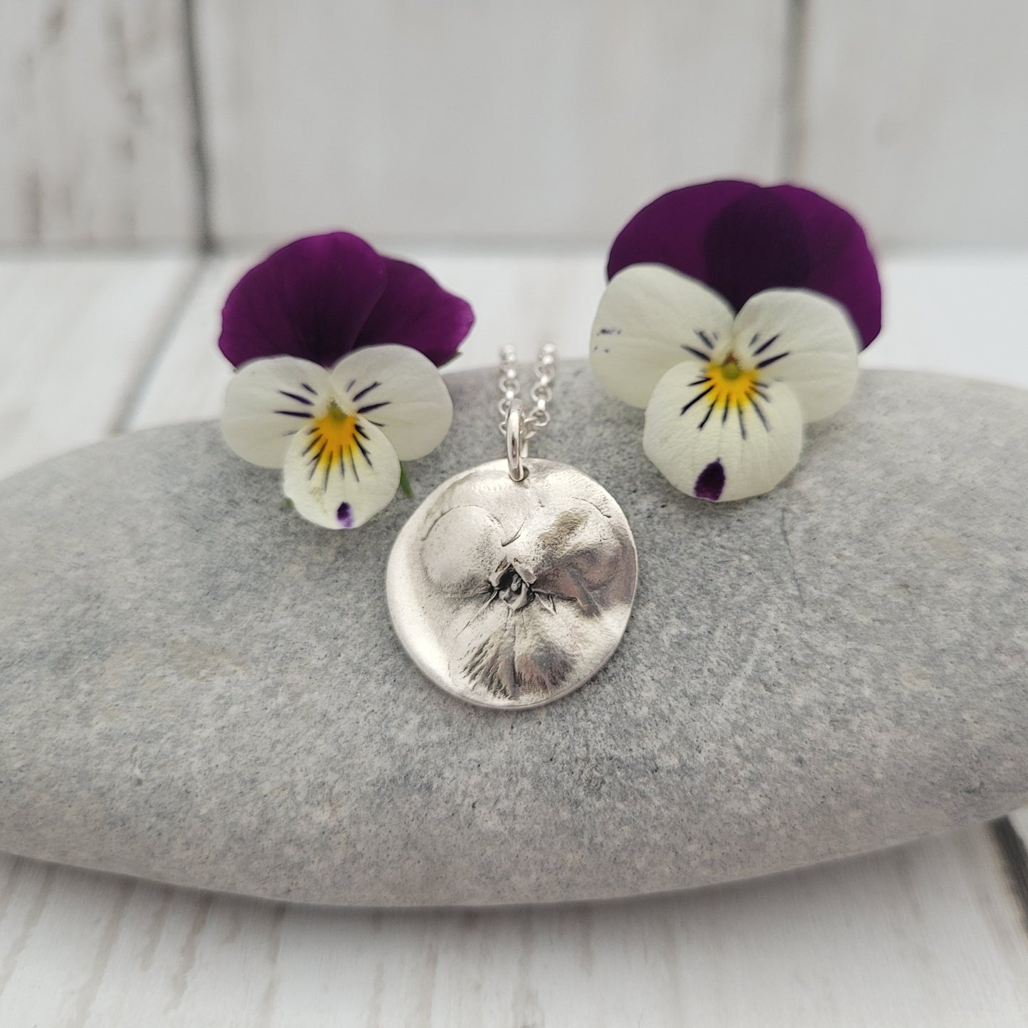 Sterling Silver Viola Pansy Flower Botanical Pendant Necklace