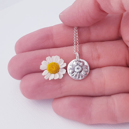 Sterling Silver Feverfew Daisy Floral Pendant Necklace