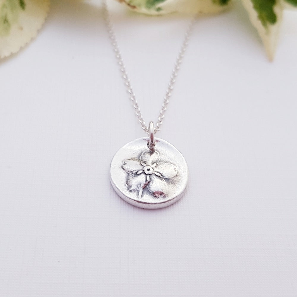 Forget Me Not Flower Botanical Sterling Silver Pendant Necklace