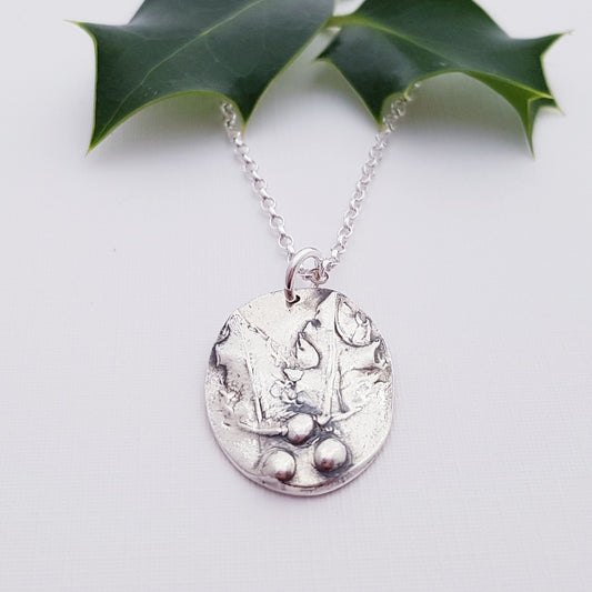 Sterling Silver Holly Botanical Pendant Necklace