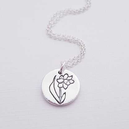 Sterling Silver Mini 1.3cm Daffodil March Birth Flower Pendant Necklace