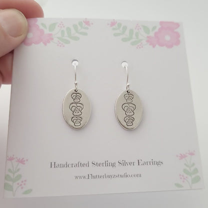 Sterling Silver Large Viola Pansy Drop Earrings